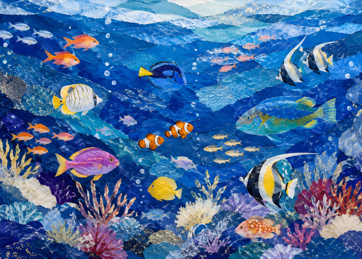 瑠璃色の海 — ちぎった和紙を重ねて描いた、熱帯魚と珊瑚の海のコラージュアート